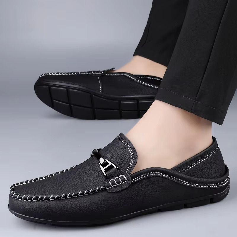 Men’s Genuine Leather Loafers with Metal Buckle, Soft Sole Business and Casual Driving Shoes