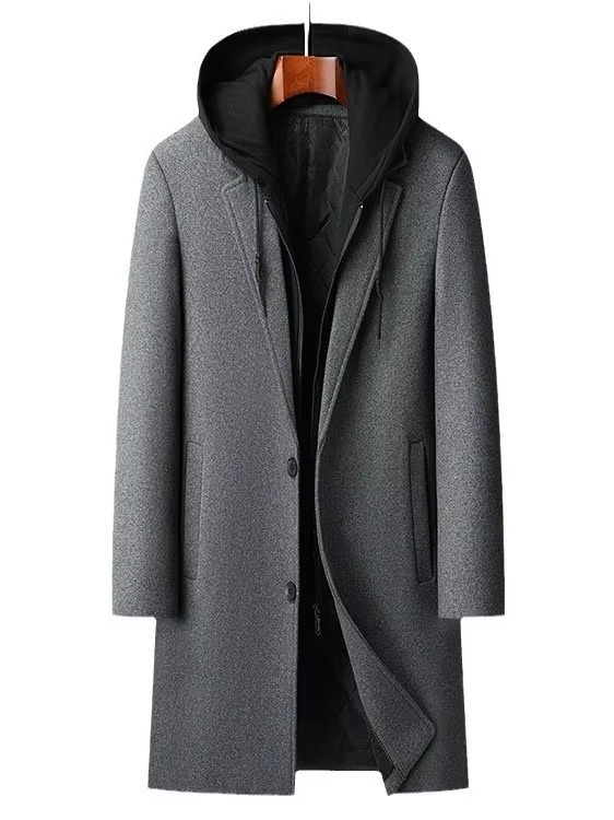 Men's Hooded Wool Blend Cashmere Long Trench Coat