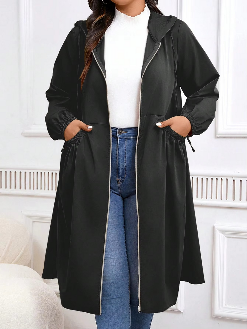 Women's Plus Size Zip Up Hooded Coat with Drawstring Waist and Pockets for Fall and Winter