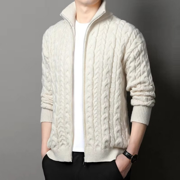 Men’s Thick Knit Zipper Sweatercoat – Warm Stand Collar Winter Cardigan Jacket