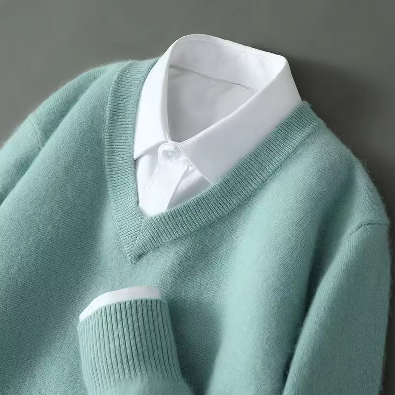 Men's Winter Cashmere Blend V Neck Sweater, Warm Knitted Pullover, Loose Fit Plus Size