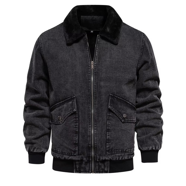 Men's Fleece Lined Denim Jacket with Faux Fur Collar