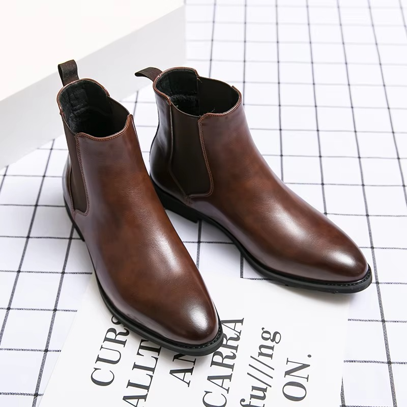 Men’s PU Brown Chelsea Boots, Classic British Ankle Boot for Business and Casual Wear