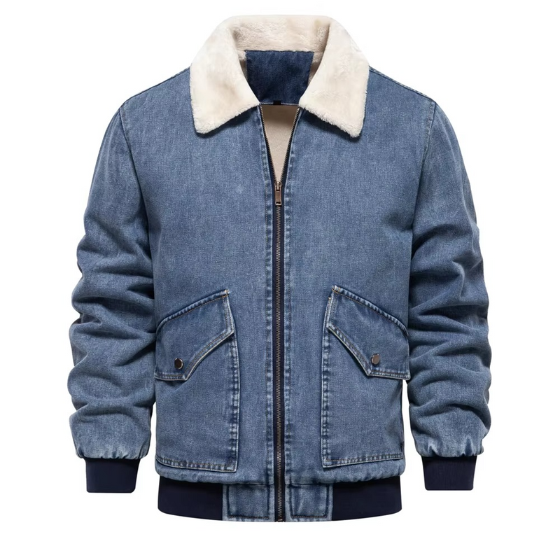 Men's Fleece Lined Denim Jacket with Faux Fur Collar