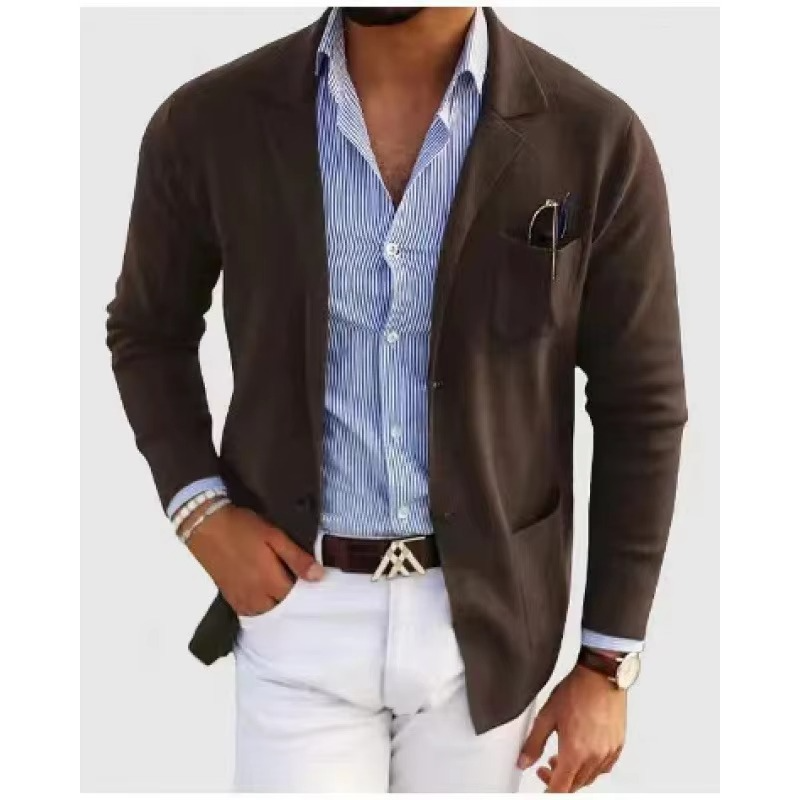 Men's Solid Color Knitted Cardigan Coat with Turn Down Collar and Multi Pockets