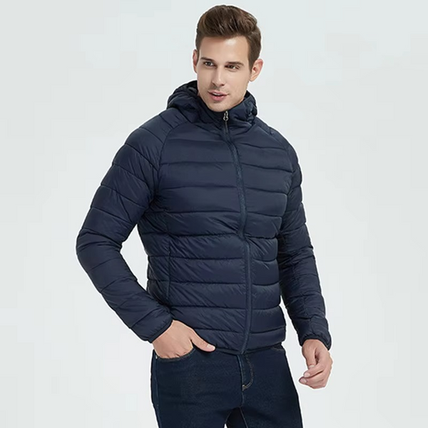Men's Lightweight Hooded Cotton Down Jacket with Zip Pockets – Casual Winter Parka
