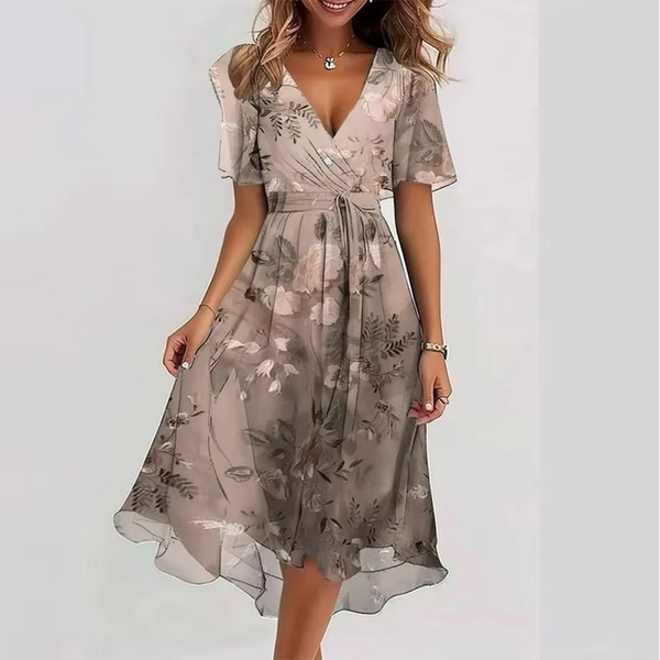 Summer V-Neck Floral Print Loose Casual Short Sleeve Dress for Women