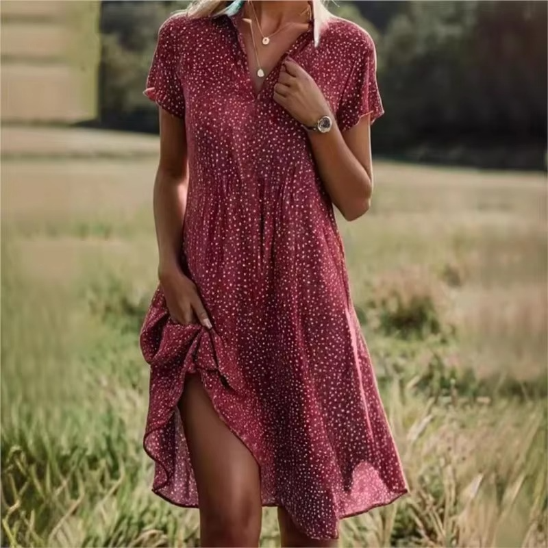 Summer Polka Dot Midi Shirt Dress for Women – Casual Loose Fit with Turn-Down Collar and Short Sleeves