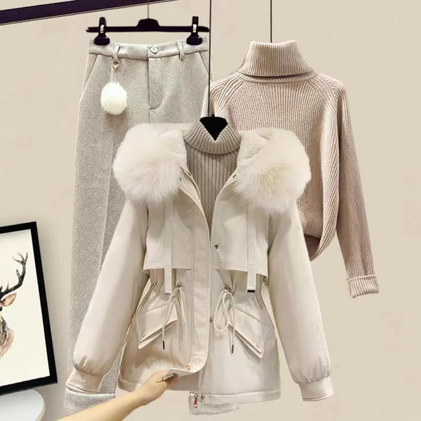 Women's 3‑Piece Winter Tracksuit Set, Parka Jacket, Turtleneck Sweater and Wool Pants