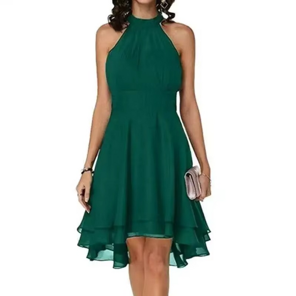 Elegant Sleeveless Halter Neck Ruffle Hem Summer Dress for Women