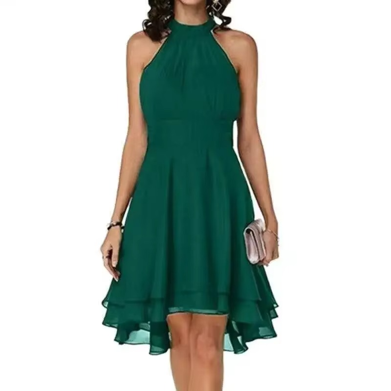 Elegant Sleeveless Halter Neck Ruffle Hem Summer Dress for Women