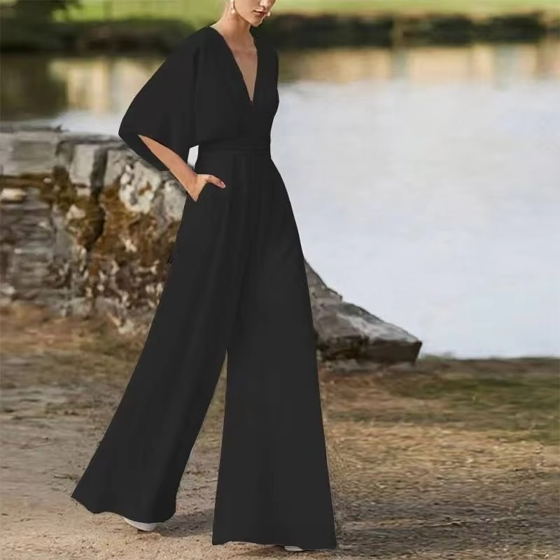 2025 Spring Summer Pure Color Side Button Commuter Low Waist Long Jumpsuit