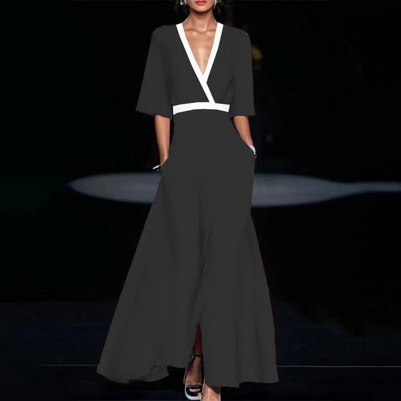 Elegant V Neck Long Printed Pleated Dress for Women