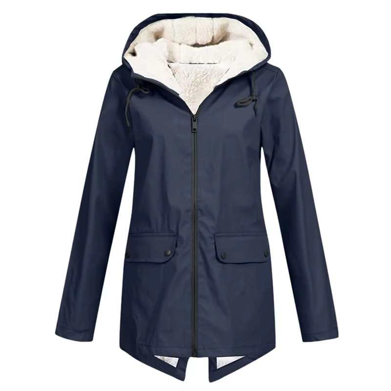 Women's Waterproof Hooded Velvet-Lined Windbreaker Trench Coat for Autumn and Winter
