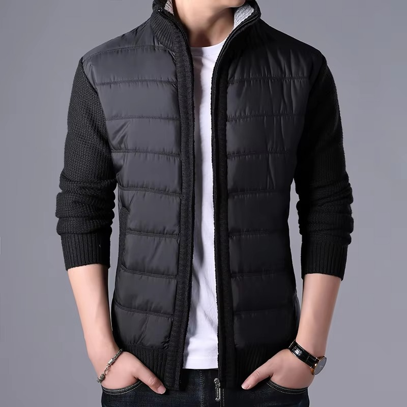 Men's Thick Knit Winter Cardigan Sweater Coat, Patchwork Warm Slim Fit Outerwear