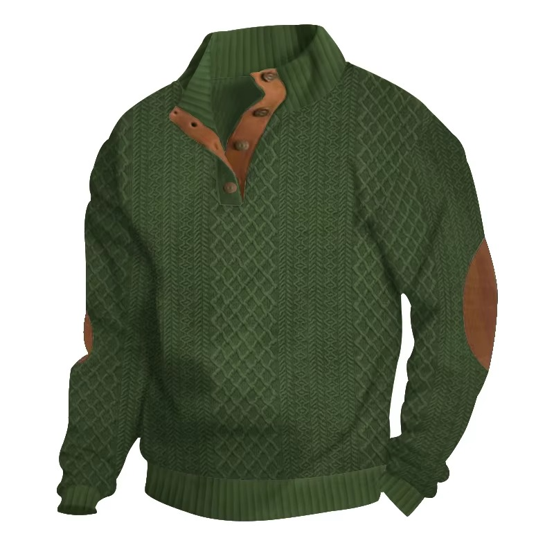 Men's Jacquard Knit Button-Down Sweater with Standing Collar, Long Sleeve