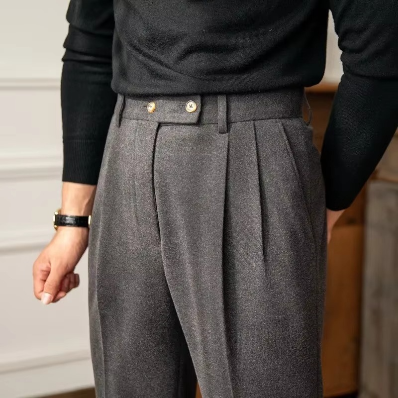 Men's High Waisted Wool Blend Casual Pants for Autumn and Winter