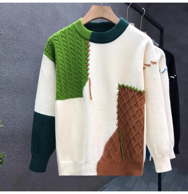 Men's Patchwork Knit Sweater Streetwear Pullover for Fall and Winter