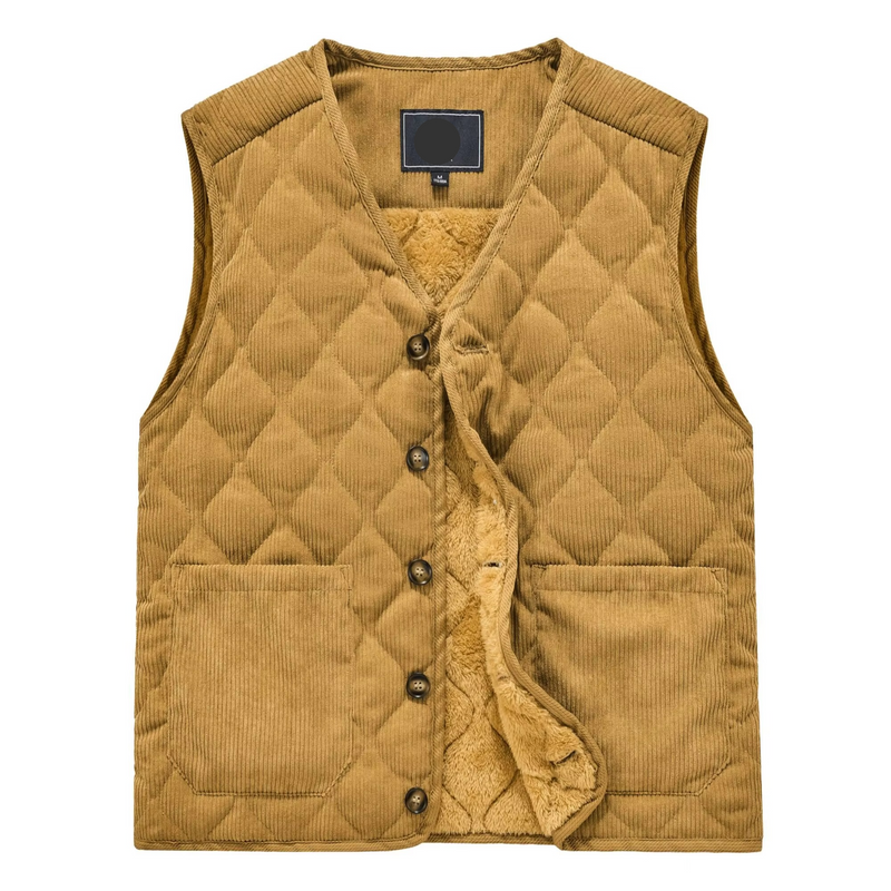 Men's Corduroy Padded Vest with Diamond Stitch, Warm V-Neck Workwear Jacket