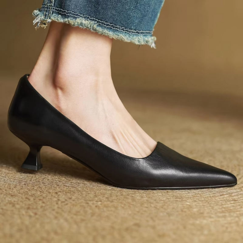 Women's Genuine Cow Leather Pointed Toe Slip-On Pumps, Soft Comfortable Elegant 1.8 Inch Thin Heel Dress Shoes