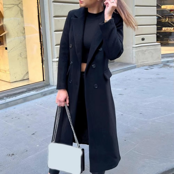 Women's Double Breasted Mid Length Winter Coat with Lapel and Long Sleeves
