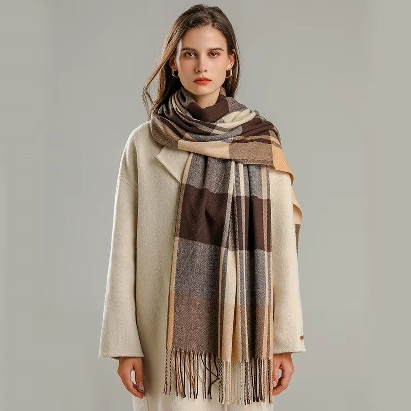 Cozy Cashmere Plaid Winter Scarf for Women, Thick Pashmina Shawl with Tassels