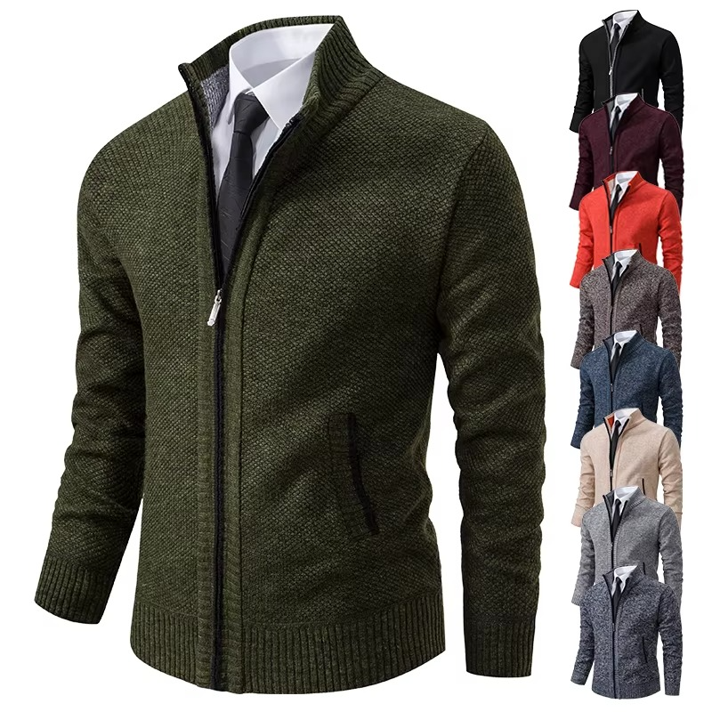 Men's Fleece Lined Stand Collar Zip Cardigan — Warm Casual Sports Coat for Fall and Winter