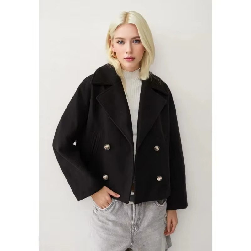 Women's Autumn Short Wool Blend Coat with Double Button Front and Turn-Down Collar