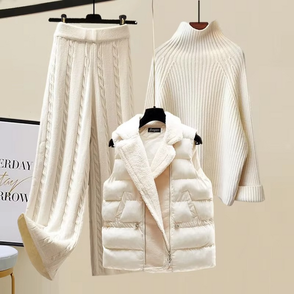 Women's 3-Piece Knitted Sweater Set with Vest, Turtleneck Pullover and Wide-Leg Pants