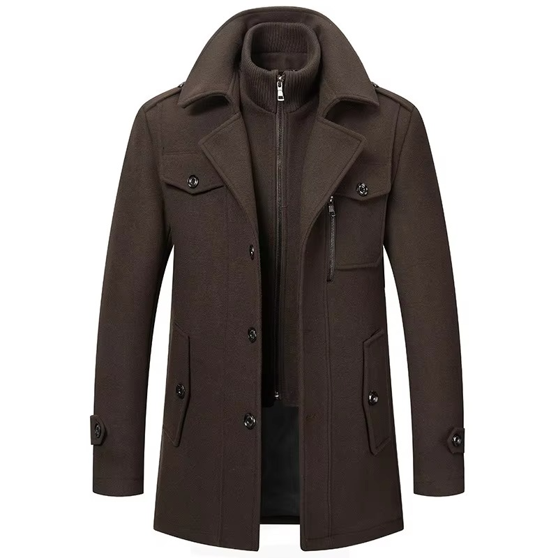 Men’s Mid-Length Wool Trench Coat, Double Collar Zipper Overcoat for Fall and Winter