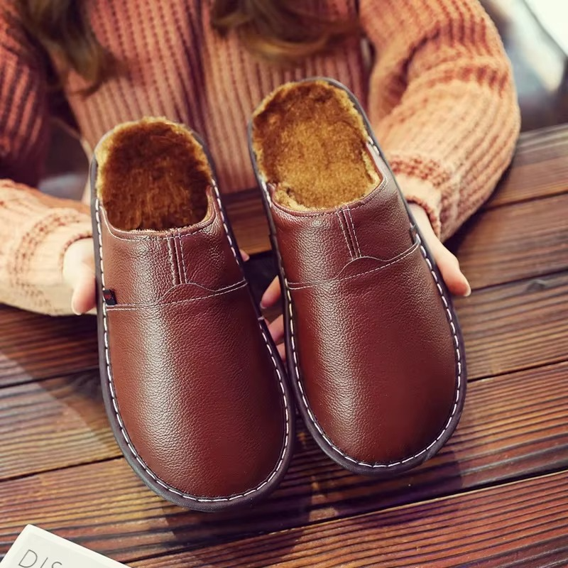 Cozy Leather Plush Waterproof Winter Slippers for Men and Women