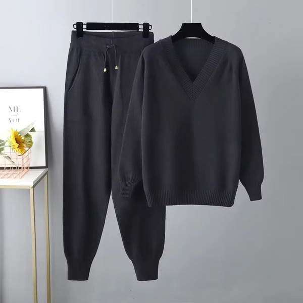 2024 Autumn Winter Women’s Knitted V Neck Sweater and Pants Two Piece Set