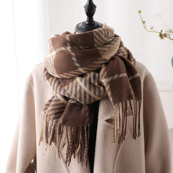 Cozy Cashmere Plaid Winter Scarf for Women, Thick Pashmina Shawl with Tassels