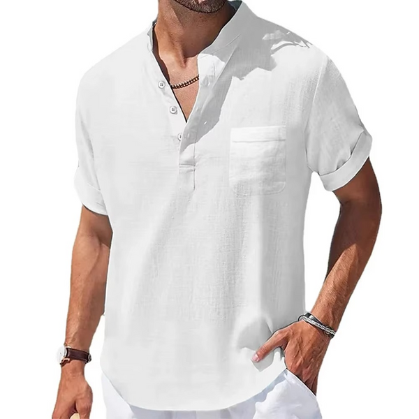 Men's Summer Cotton Linen Short Sleeve Henley Collar Casual Shirt