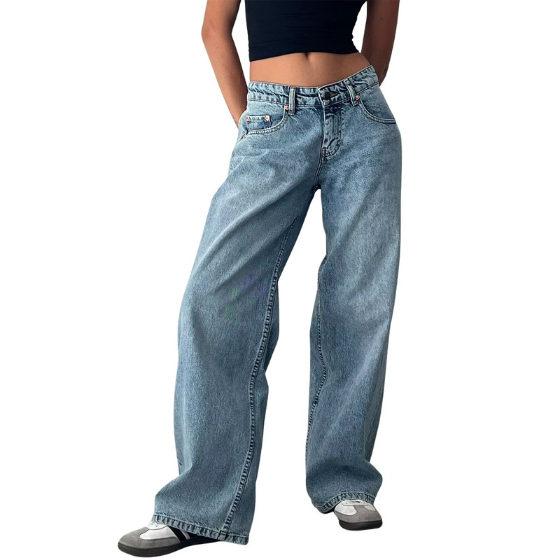 Retro Washed Mid Waisted Straight Leg Jeans for Women