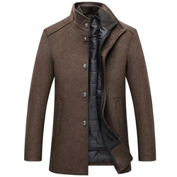 Men's Long Wool Winter Coat with Stand Collar and Detachable Vest