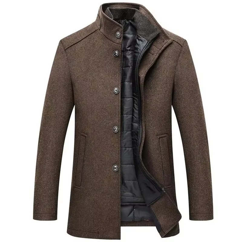 Men's Long Wool Winter Coat with Stand Collar and Detachable Vest
