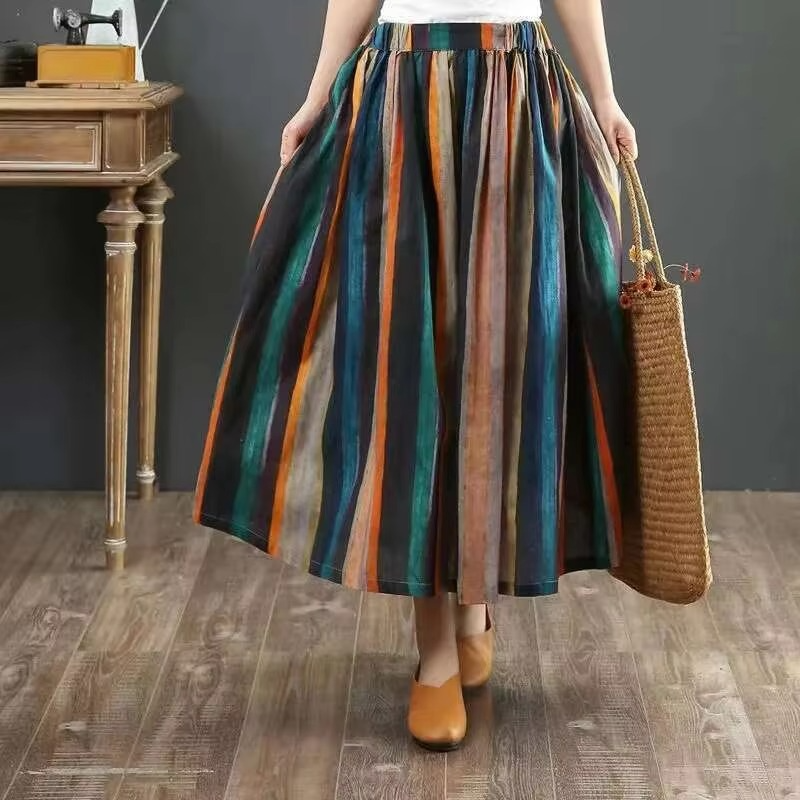 Cotton Linen Striped A-line Midi Pleated Skirt for Women