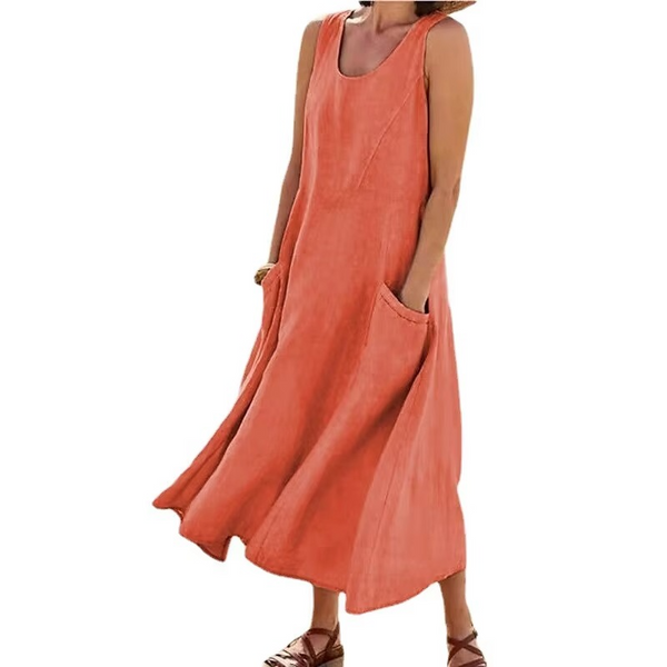 Women’s Cotton Linen Sleeveless Maxi Sundress with Pockets, Loose Fit Beachwear S-5XL