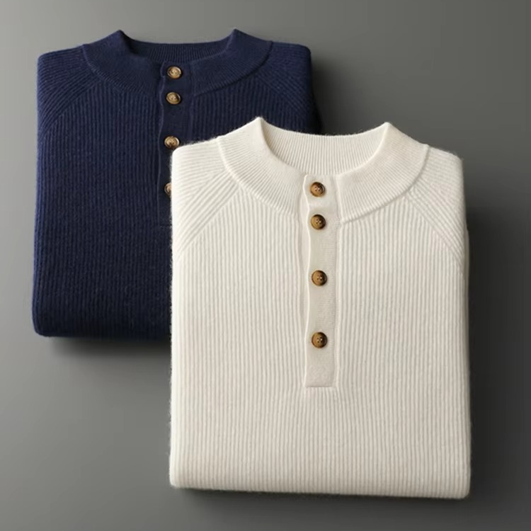 Men’s 100% Cashmere Pullover O Neck Sweater Soft Warm Buttoned Knitwear