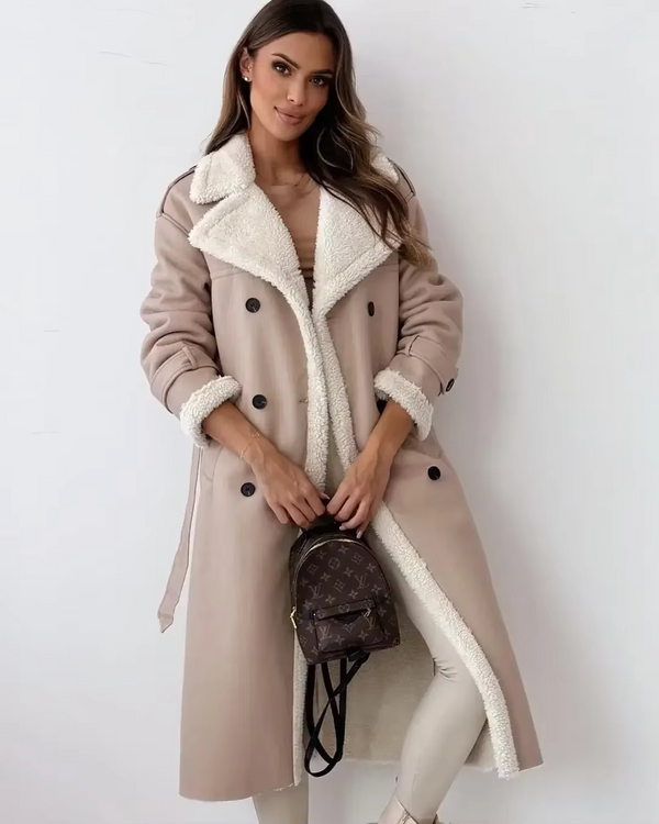 Women’s PU Leather Plush Double-Breasted Trench Coat with Stand Collar