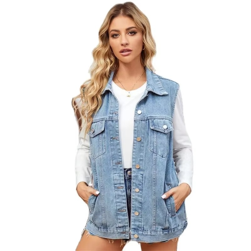 Women’s Denim Vest with Detachable Hood, Single-Breasted Sleeveless Cardigan Jacket