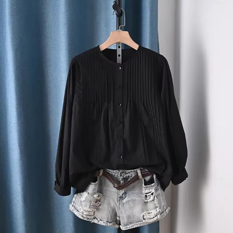 Elegant Women's 100% Cotton Pleated Long Sleeve Blouse in Black or White