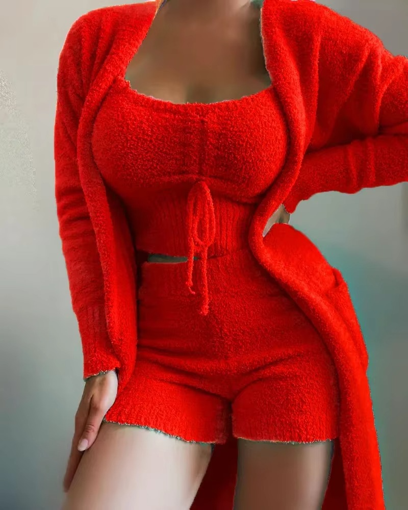 2025 Luxury Women’s Plush Pajama Set 3‑Piece Cozy Crop Top Long Pants and Coat
