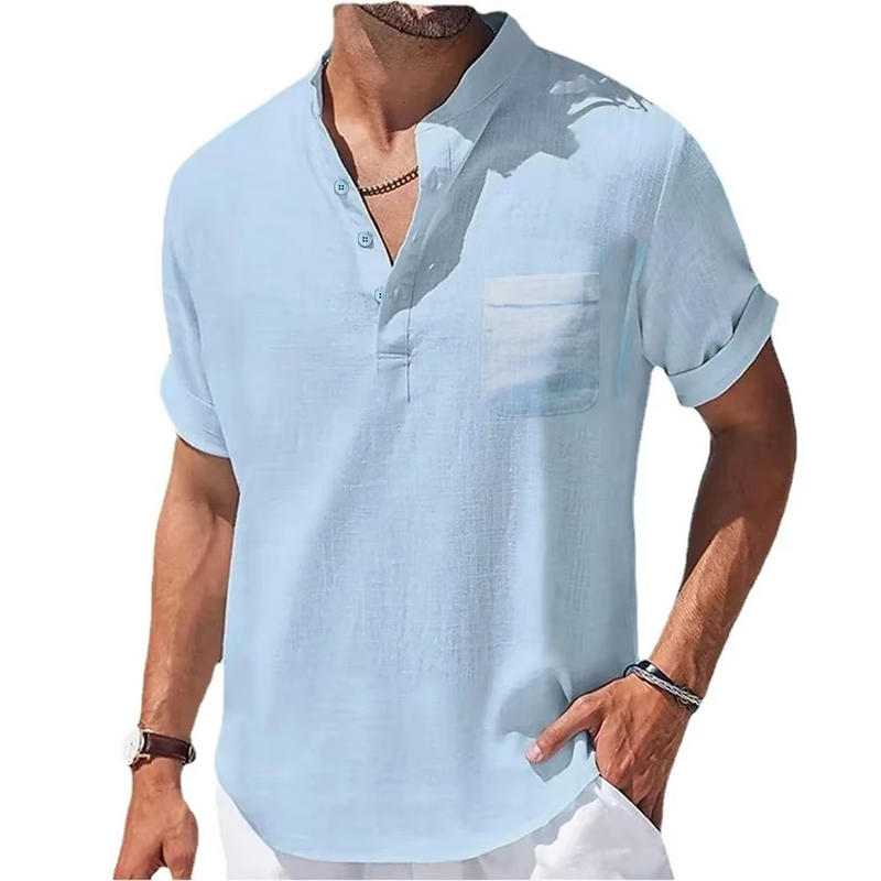 Men's Summer Cotton Linen Short Sleeve Henley Collar Casual Shirt