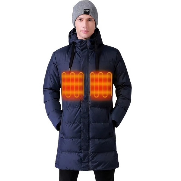 Long Hooded Heated Down Coat with USB Warming Technology