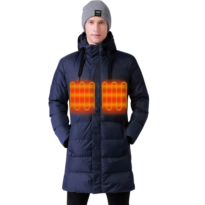 Long Hooded Heated Down Coat with USB Warming Technology