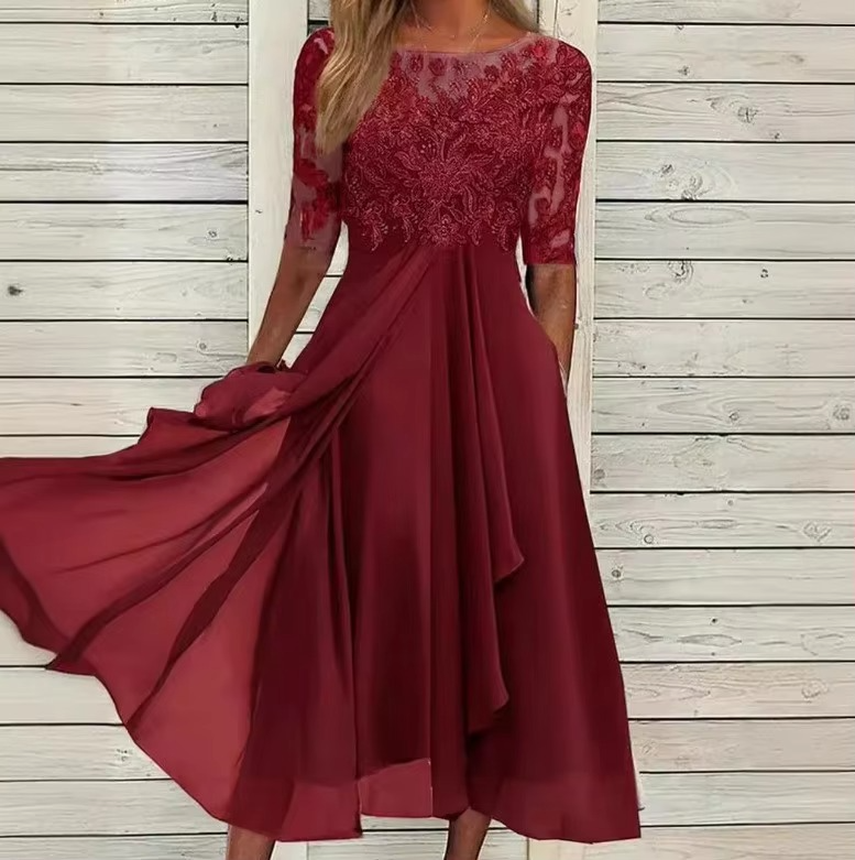 Elegant 2025 Summer Lace Embroidered Chiffon Midi Dress for Women – Formal & Party Wear