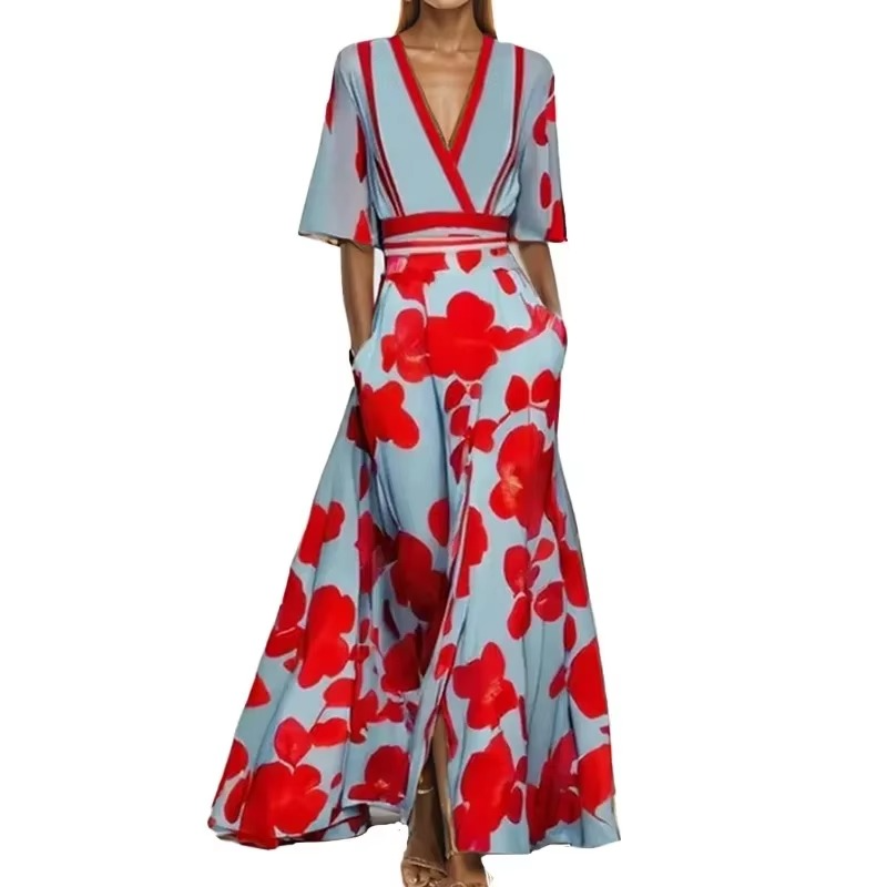 Elegant V Neck Long Printed Pleated Dress for Women