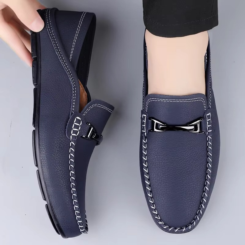 Men’s Genuine Leather Loafers with Metal Buckle, Soft Sole Business and Casual Driving Shoes